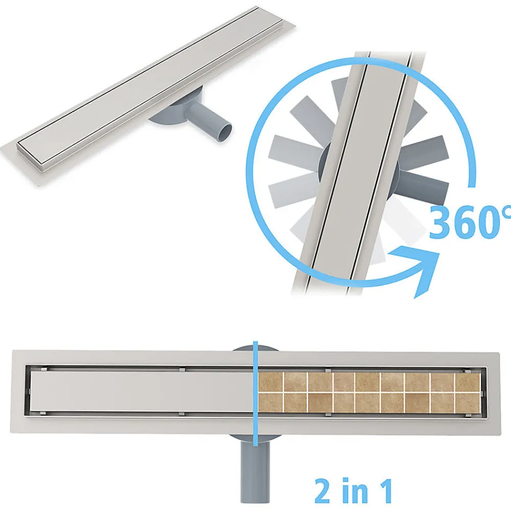 Grand Verre Caniveau de douche Siphon tournant 360 à carreler pour douche italienne largeur 100 cm