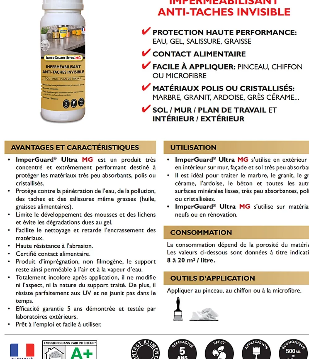 Guard Industrie Imperméabilisant Marbre Granit ImperGuard Ultra MG 500 ml anti tache traite 10 m²