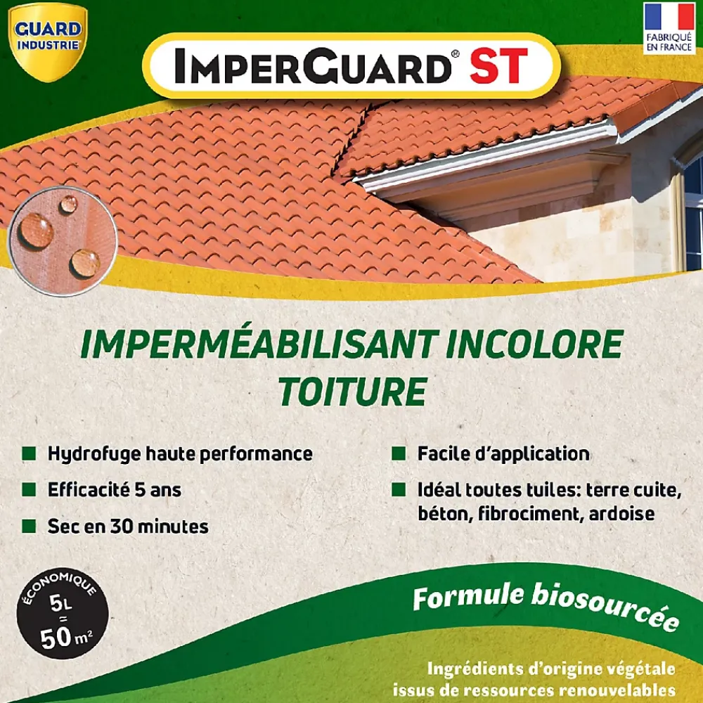 Guard Industrie Etanchéité Du Mur Intérieur-Imperméabilisant Toit Incolore Haute Performance Formule Végétale ImperGuard Spécial Toit Toute Tuile 5 ans Sec 30 min 5L 50 m2