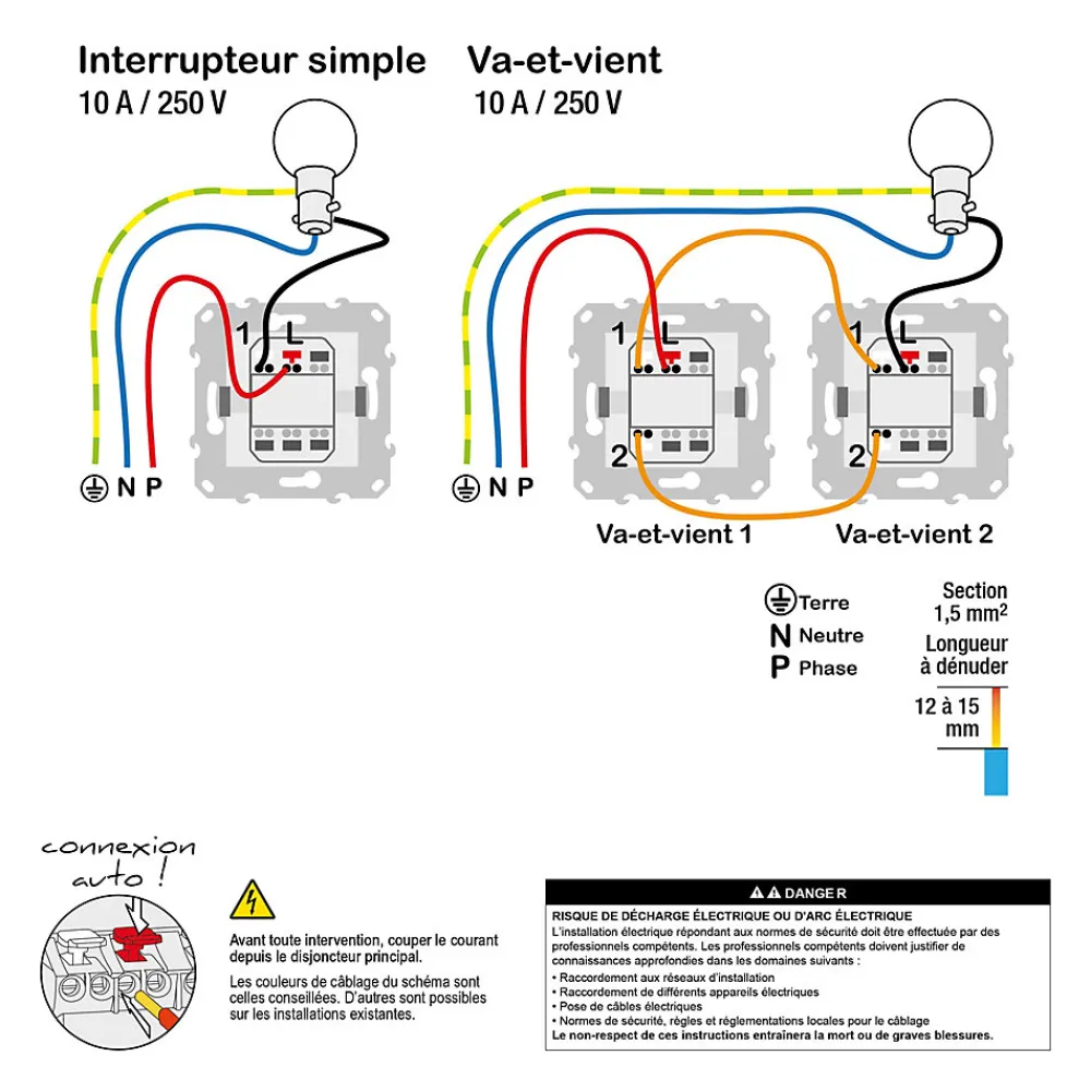 Schneider Electric Interrupteur va-et-vient connexion rapide 10A Unica Déco aluminium