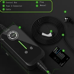 Jatrhg P1 chargeur portable réglable de 3,6kW à 1,5kW / 16A à 8A monophasé, 5m, type 2, pour véhicules électriques