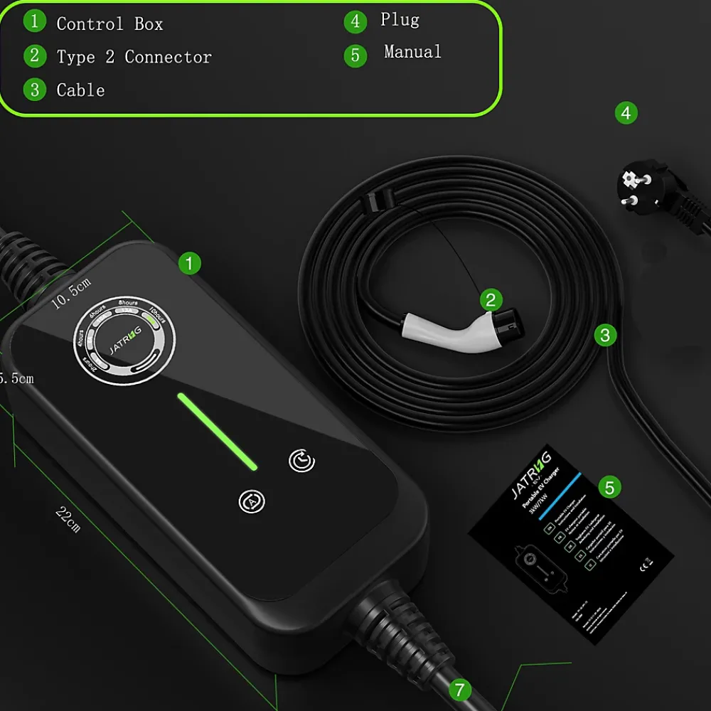 Jatrhg P1 chargeur portable réglable de 3,6kW à 1,5kW / 16A à 8A monophasé, 5m, type 2, pour véhicules électriques