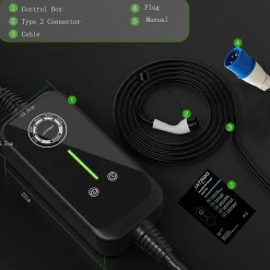 Jatrhg P1 chargeur portable réglable de 7,2kW à 1,5kW / 32A à 8A monophasé, 5m, type 2, pour véhicules électriques