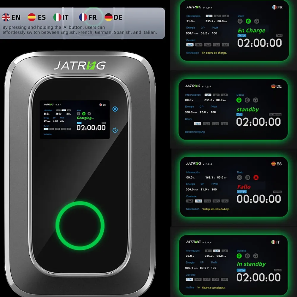 Jatrhg S1 borne de recharge IP66 pour véhicules électriques, 22 kW / 32 A, triphasé, avec câble type 2 de 8 m