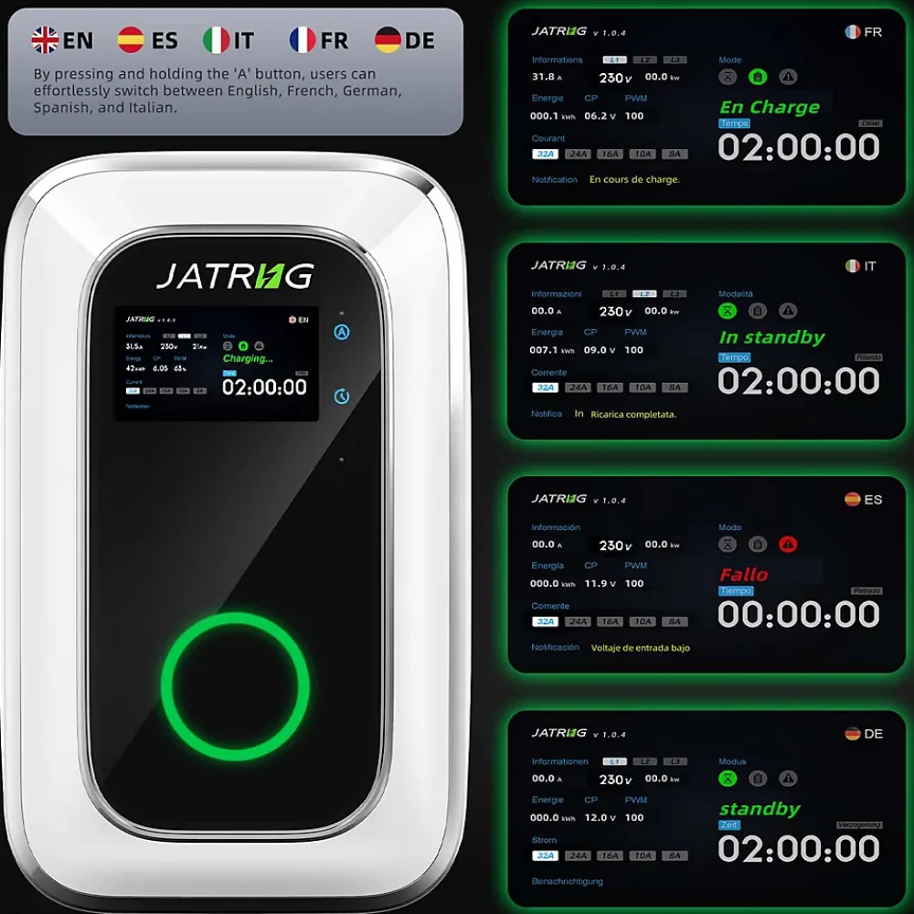 Jatrhg S1 borne de recharge IP66 pour véhicules électriques, 7,2 kW / 32 A, monophasé, avec câble type 2 de 6 m