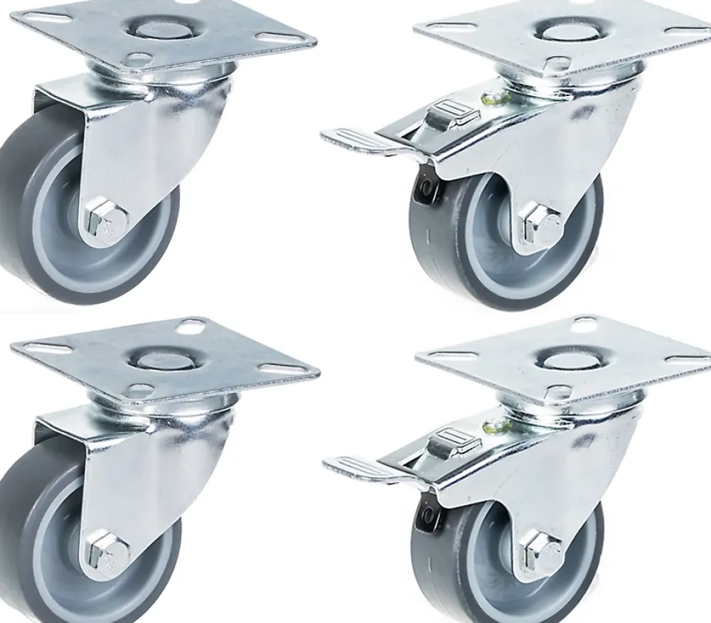 Parnells Jeu de 4 - roulettes pivotantes/freinées série 100 50mm gris TPR-caoutchouc sur polypropylène