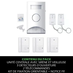 Kyf Kit Alarme autonome détection de mouvement Eclairage alerte intégré détecteur ouverture x3 et télécommande x2