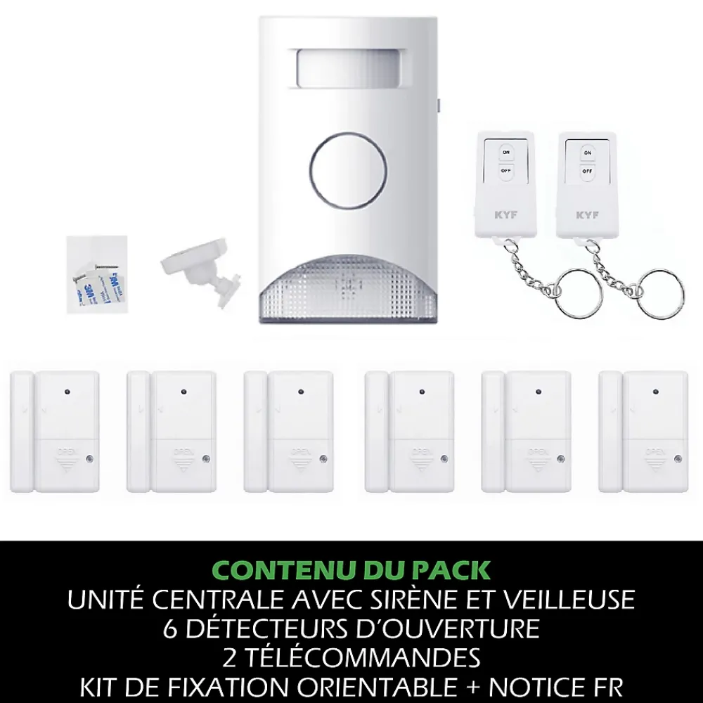 Kyf Alarme Sans Fil-Kit Alarme autonome détection de mouvement Eclairage alerte détecteur ouverture et télécommande