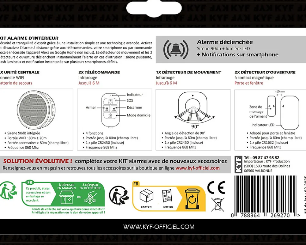 Kyf Alarme Sans Fil-Kit Alarme Etendu Évolutif 868 Mhz connecté Wifi 2,4Ghz avec Sirène 90dB Flash LED intégré (9 zones détectées)