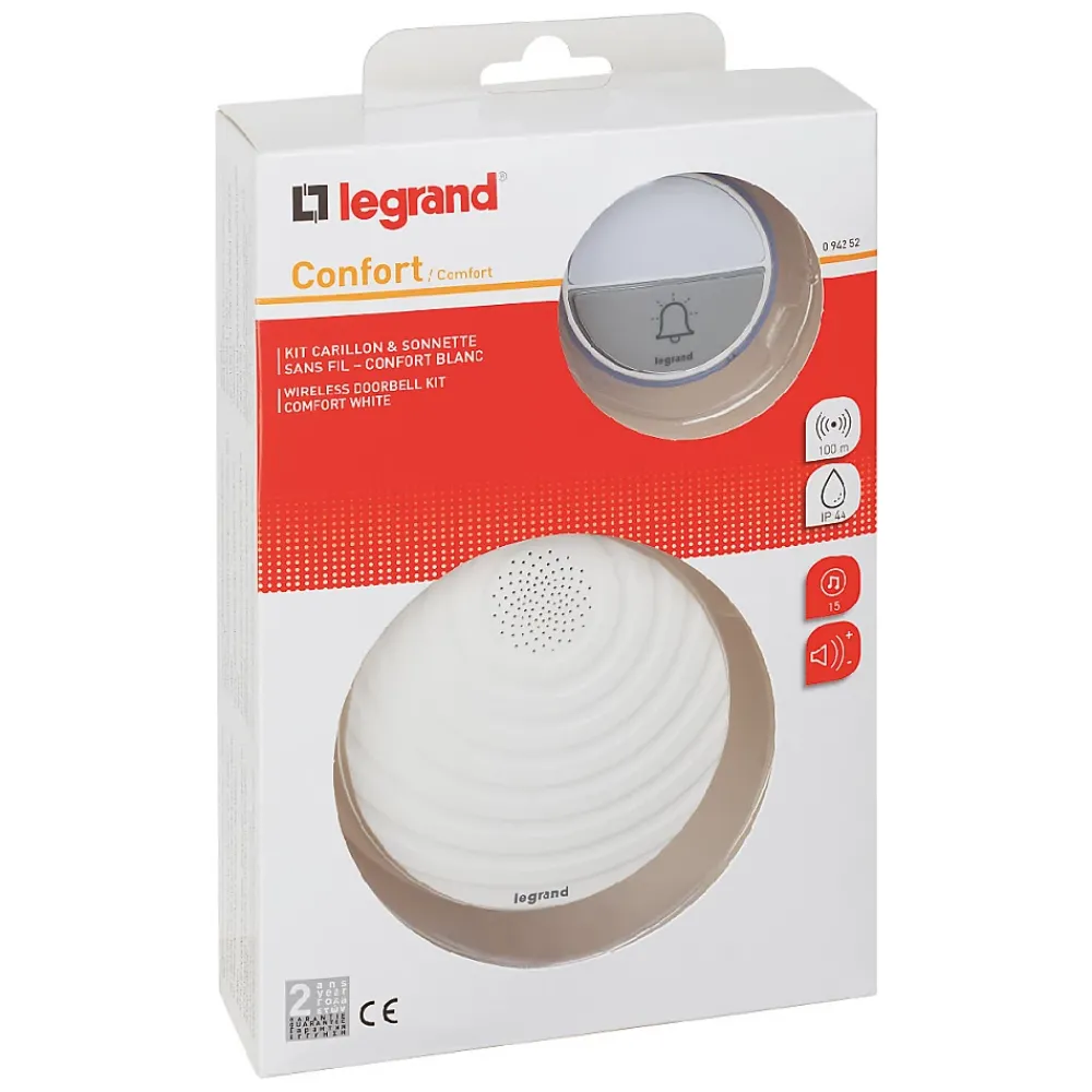 Legrand Sonnette Et Carillon-Kit Confort carillon et sonnette sans fil avec 15 mélodies alimentation par piles - blanc