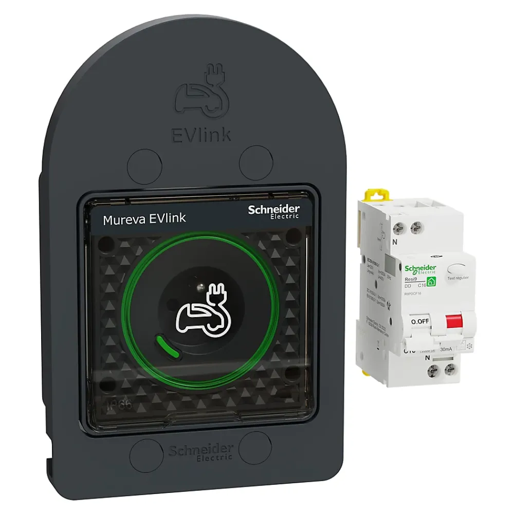 Schneider Electric Borne Recharge Voiture Électrique-Kit Mureva EVlink - Protection + Prise courant 2P+T renforcée VE IP66 IK08 Gris