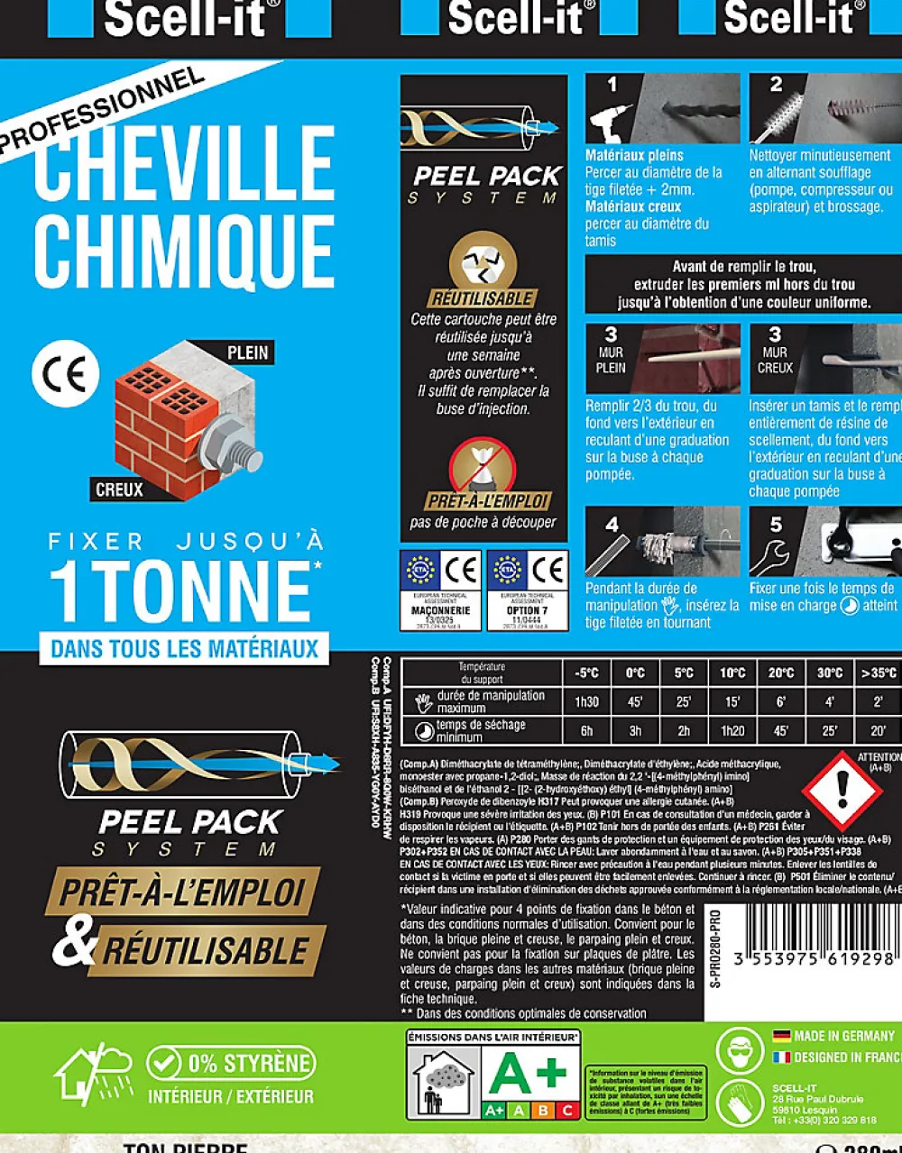 Scell-It Cheville Scellement Chimique-Kit 1 pistolet professionnel + 2 cartouches de scellement chimique polyester 280 ML