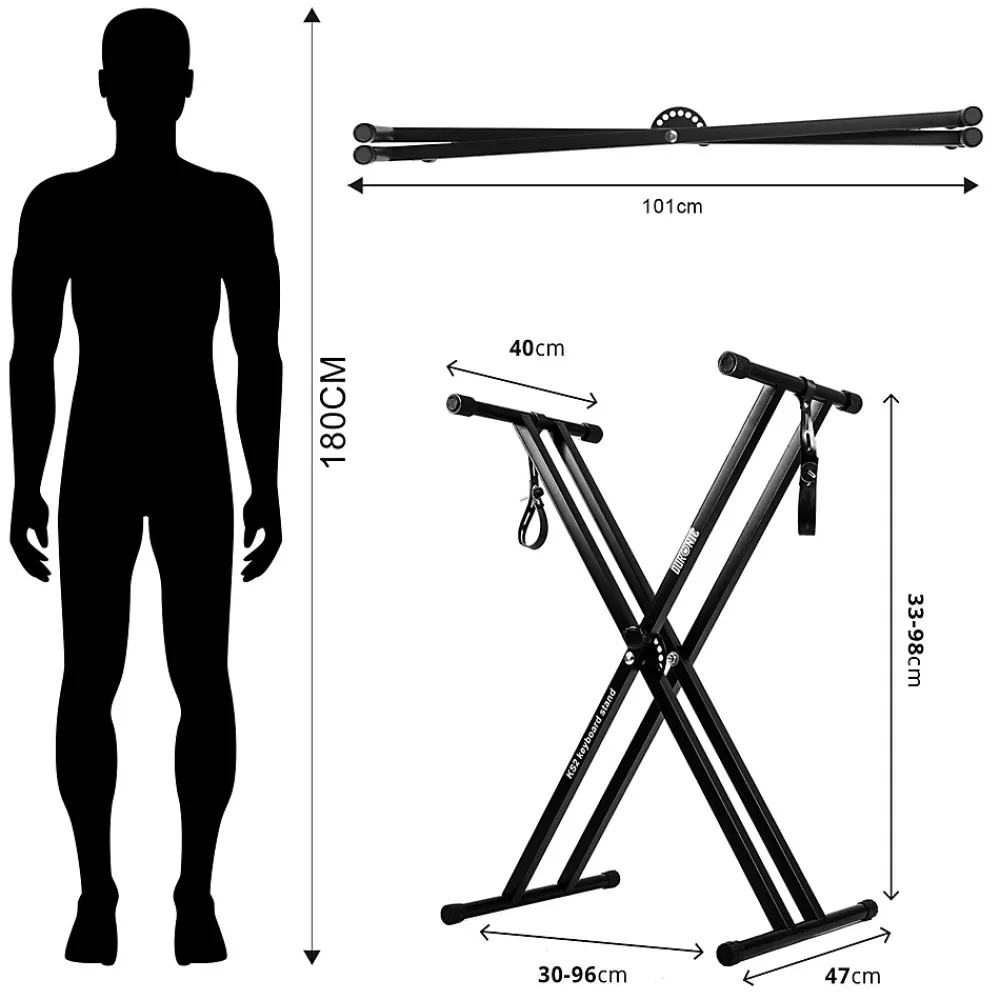 Duronic KS2B Support pour synthétiseur clavier Hauteur réglable de 33 à 98 cm Charge max 30 kg Vis et sangles de fixation