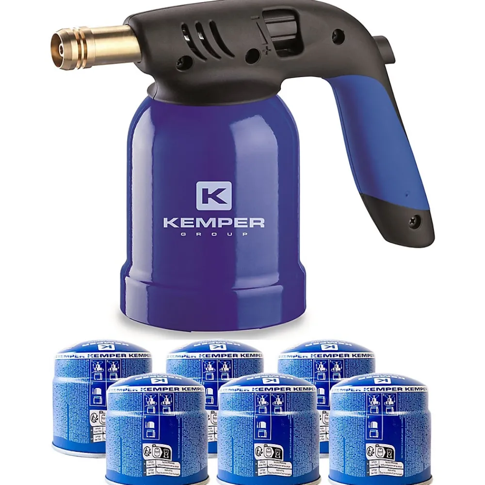 Kemper Lampe a souder Coque Acier Allumage piezo + 6 Cartouches de gaz 190gr STOP GAZ Perçables