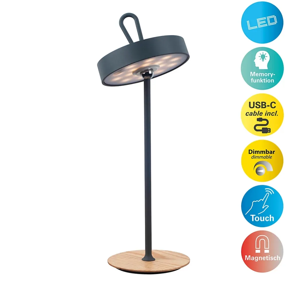 Näve Lampe de table LED à accu magnétique pour l'extérieur et l'intérieur, en métal et plastique gris, hauteur 36 cm
