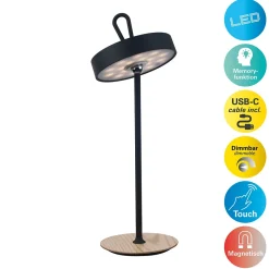 Näve Baladeuse-Lampe de table LED à accu magnétique pour l'extérieur et l'intérieur, en métal et plastique noir, hauteur 36 cm