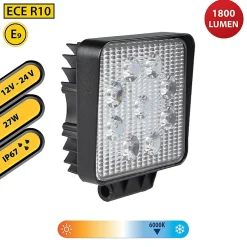 Stak Lampe de travail carrée 12/24 V, 27 W et 1 800 lumens, IP67. Noir