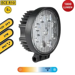 Stak Lampe de travail ronde 12/24 V, 27 W et 1 800 lumens, IP67. Noir
