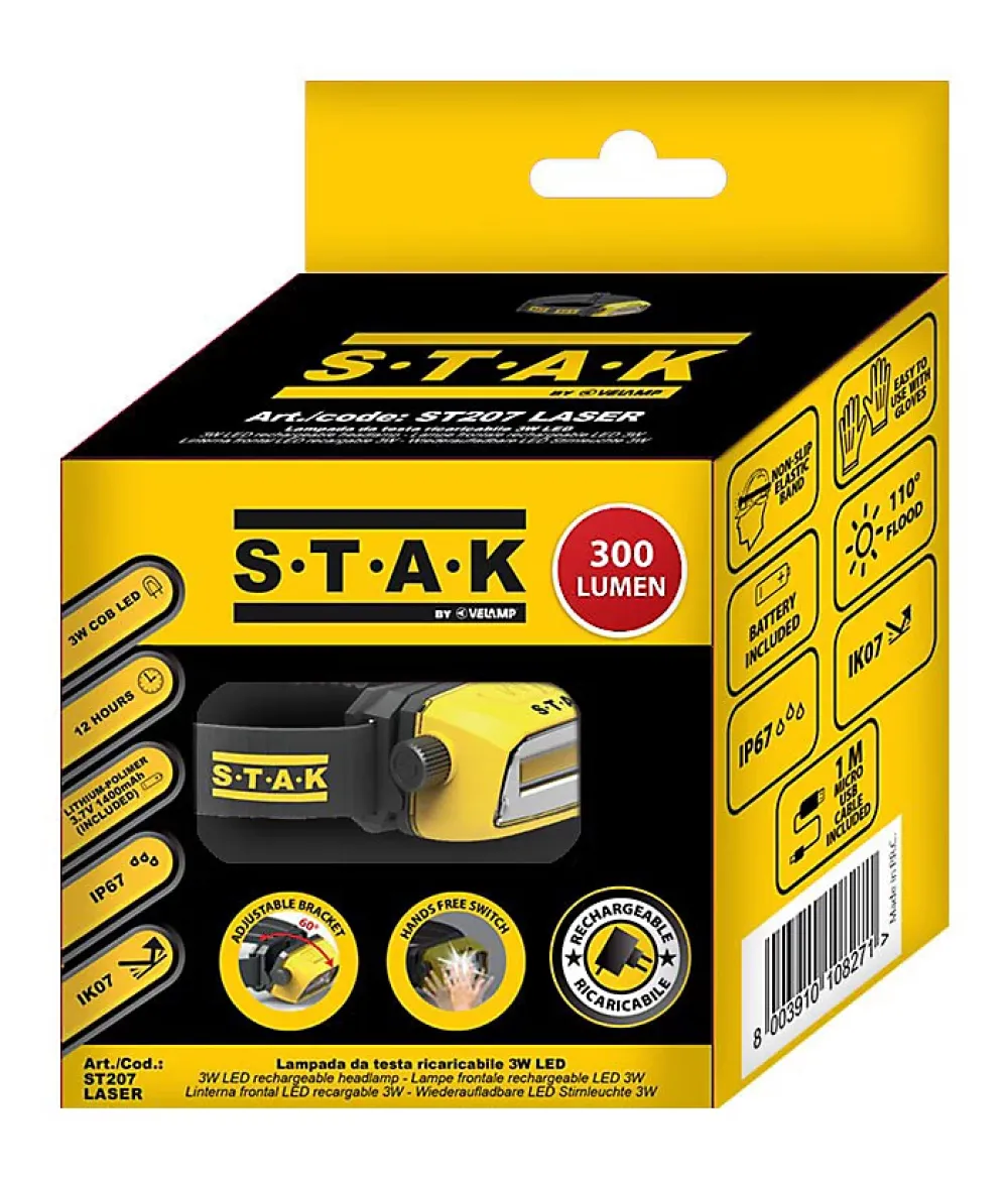Stak Lampe Frontale-Lampe frontale LED rechargeable professionnelle 300 lumens. Interrupteur sans contact