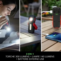 Kyf Lampe Torche LED Multifonctions Rechargeable USB Batterie Externe Smartphone 300lm et 140lm Aimant pour fixation