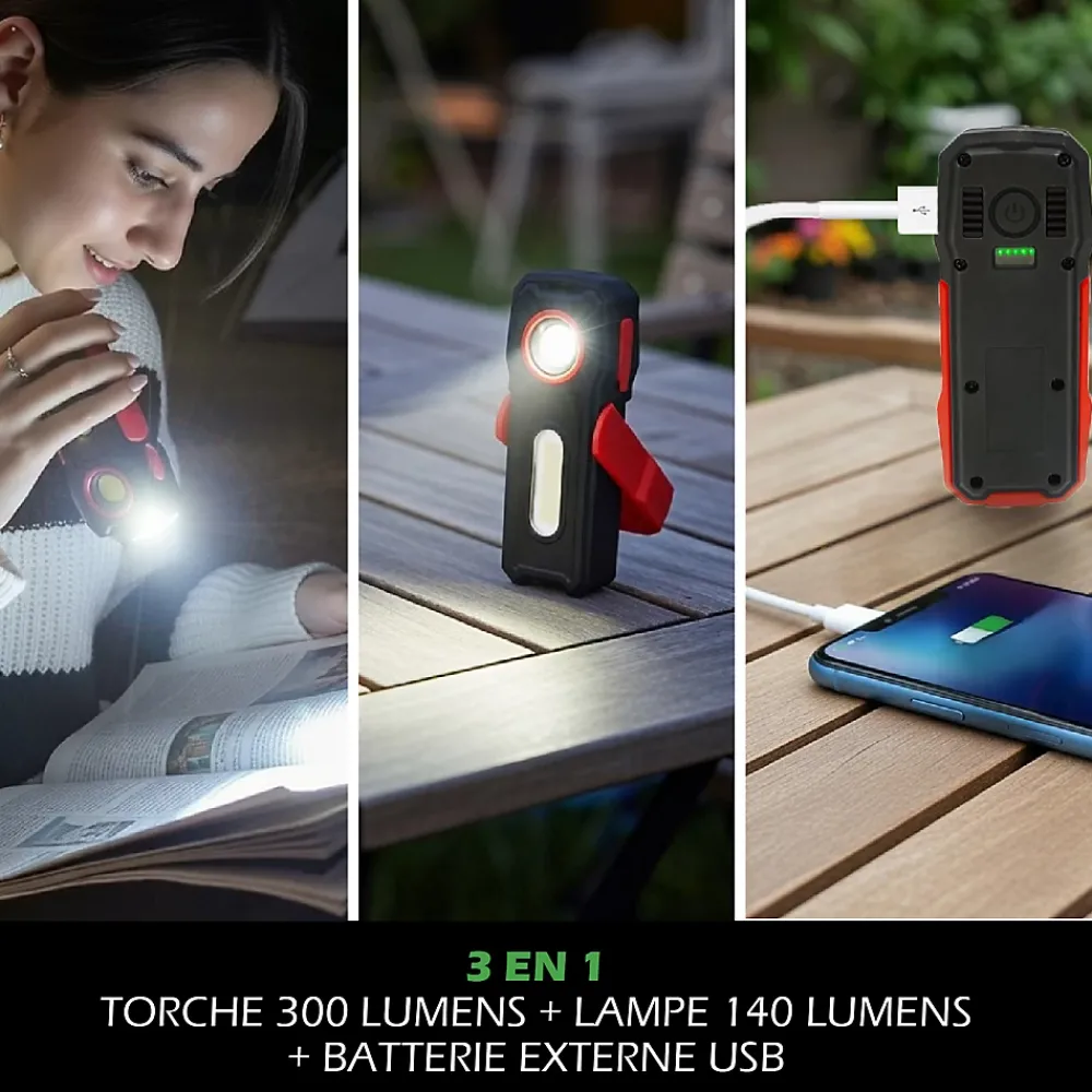 Kyf Lampe Torche LED Multifonctions Rechargeable USB Batterie Externe Smartphone 300lm et 140lm Aimant pour fixation