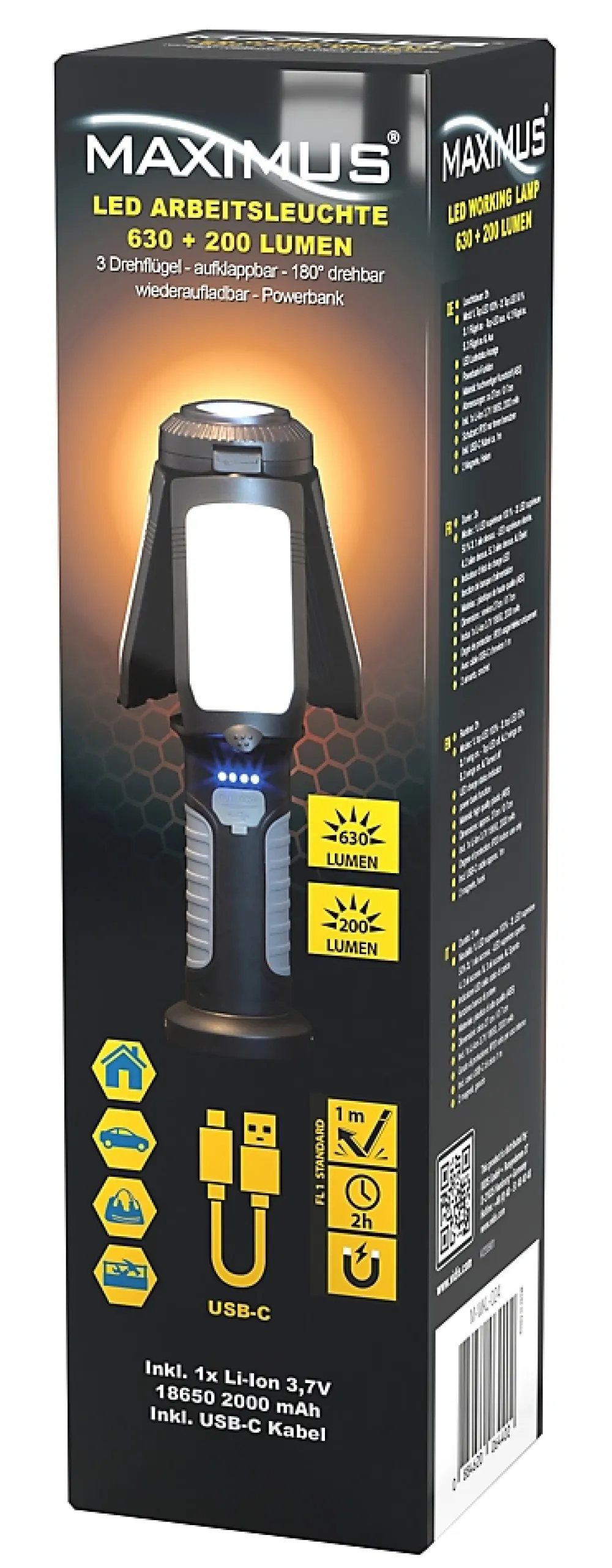 Maximus Lampe Torche-Lampe torche - - Multifonctions - Rechargeable USB - 10 W - 630 lumens - IP20 - 3 ailes orientables