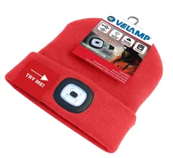 Velamp Lampe Frontale-LIGHTHOUSE: Bonnet avec lampe frontale LED rechargeable. Rouge
