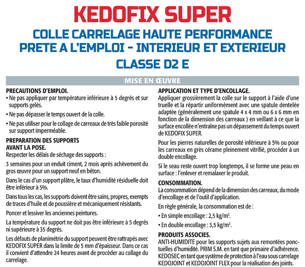 Semin Colle Carrelage-Lot de 2 colles pour Carrelage Haute Performance Kedofix , Prêt à l'emploi, Intérieur/extérieur, seau de 5 kg