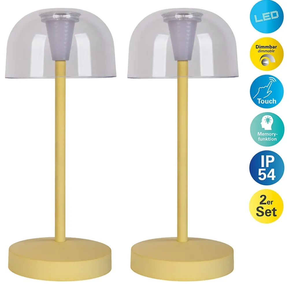 Näve Baladeuse-Lot de 2 lampes de table LED rechargeables 'Gomba' pour l'extérieur et l'intérieur, en métal et plastique jaune, hauteur 18,5 cm
