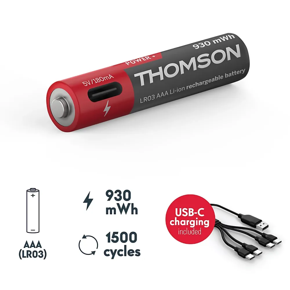 Thomson Lot de 4 Piles AAA - LR03 Li ion 1,5V rechargeables par USBC avec câble multi USB - 520302