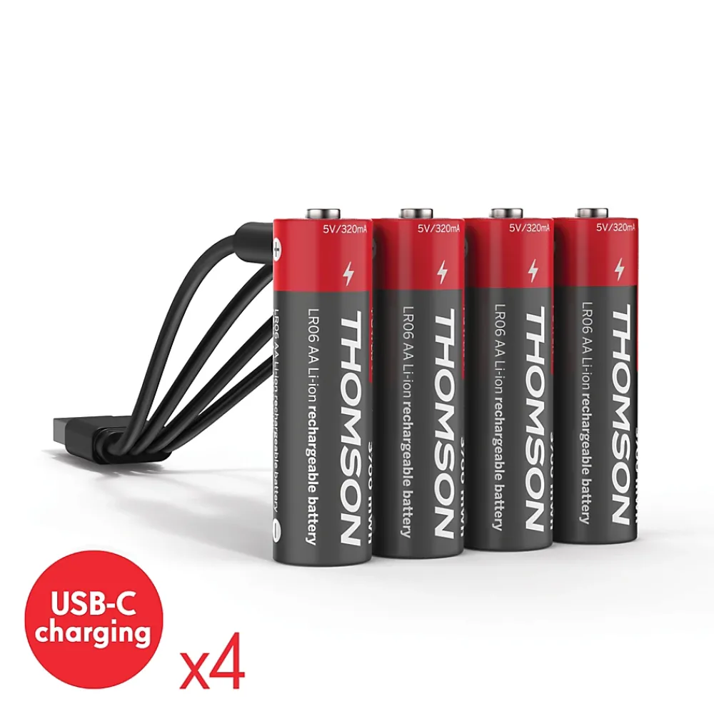 Thomson Pile Rechargeable-Lot de 4 Piles AA - LR06 Li-ion 1,5V rechargeables par USB-C avec câble multi USB - 520300