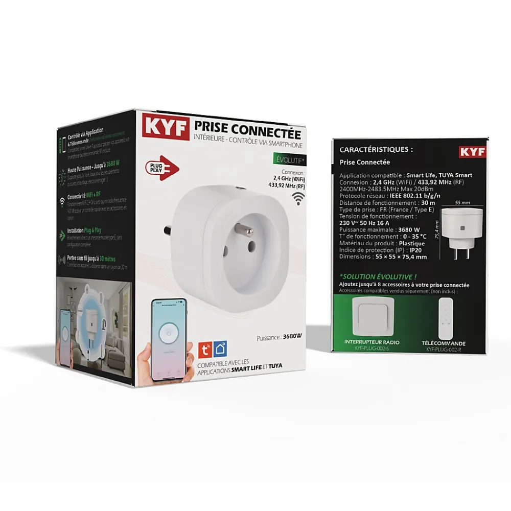 Kyf Lot de 3 Prises intérieures 3680W connectées Wifi + Radio fréquence+ 3 Interrupteurs ON/OFF + Télécommande Sans Fil