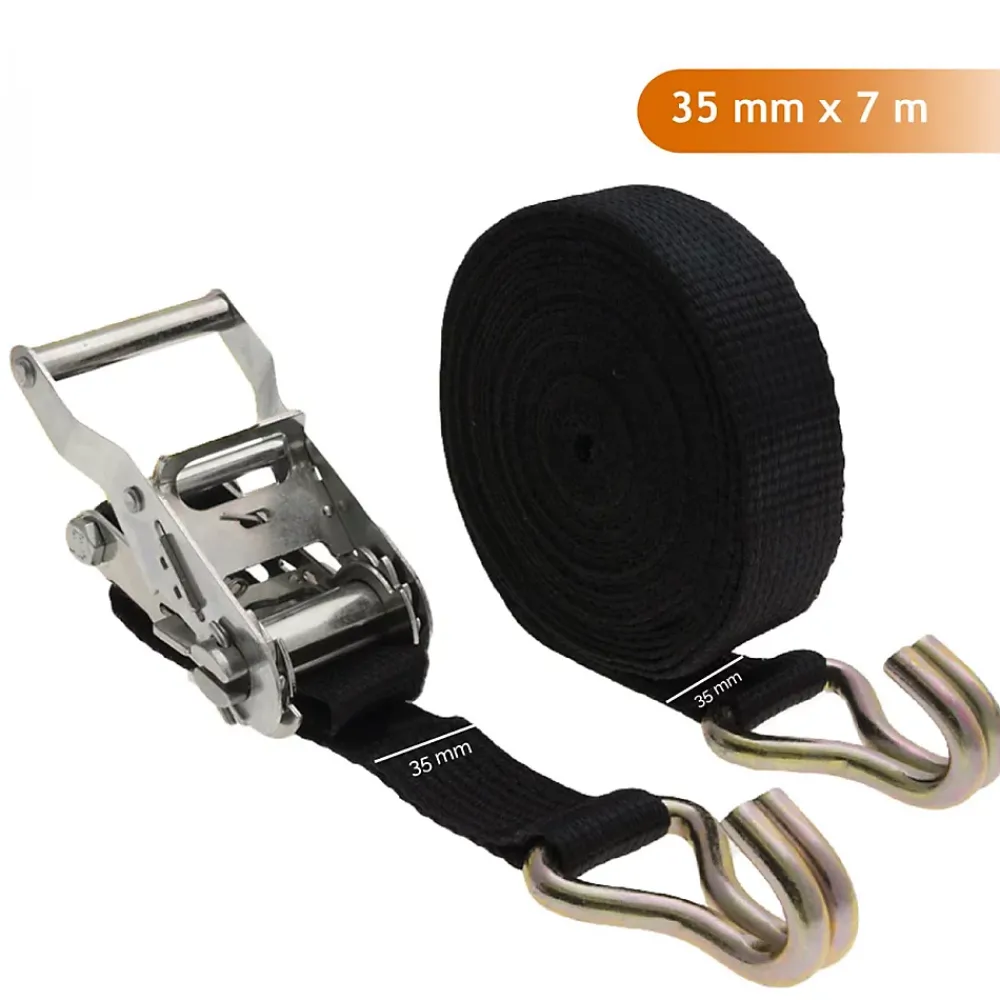 Linxor Lot de 2 sangles d'arrimage avec tendeur à cliquet et 2 crochets - 35 mm x 7 m - Noir -