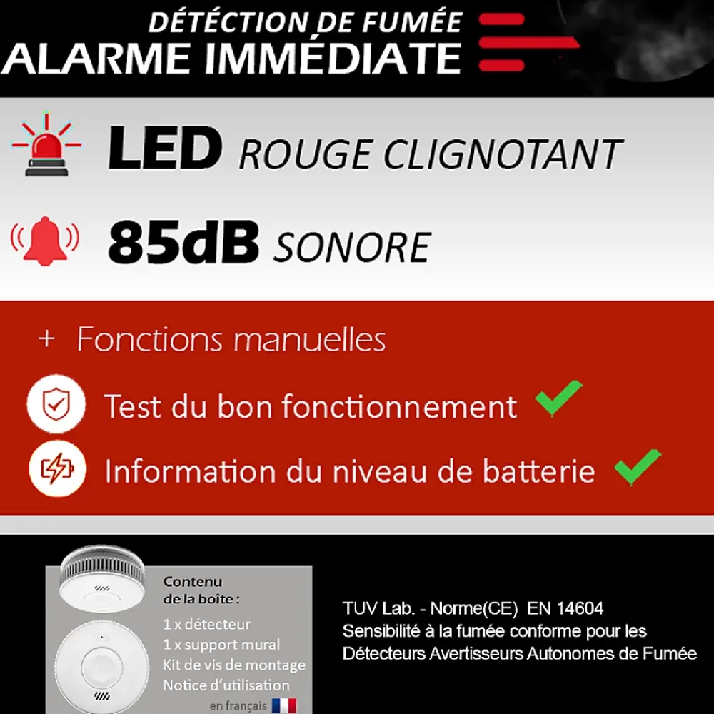 Kyf Détecteur De Fumée|Détecteur De Fumée-Lot de 2x Détecteur de fumée CE Pile remplaçable 3 ans