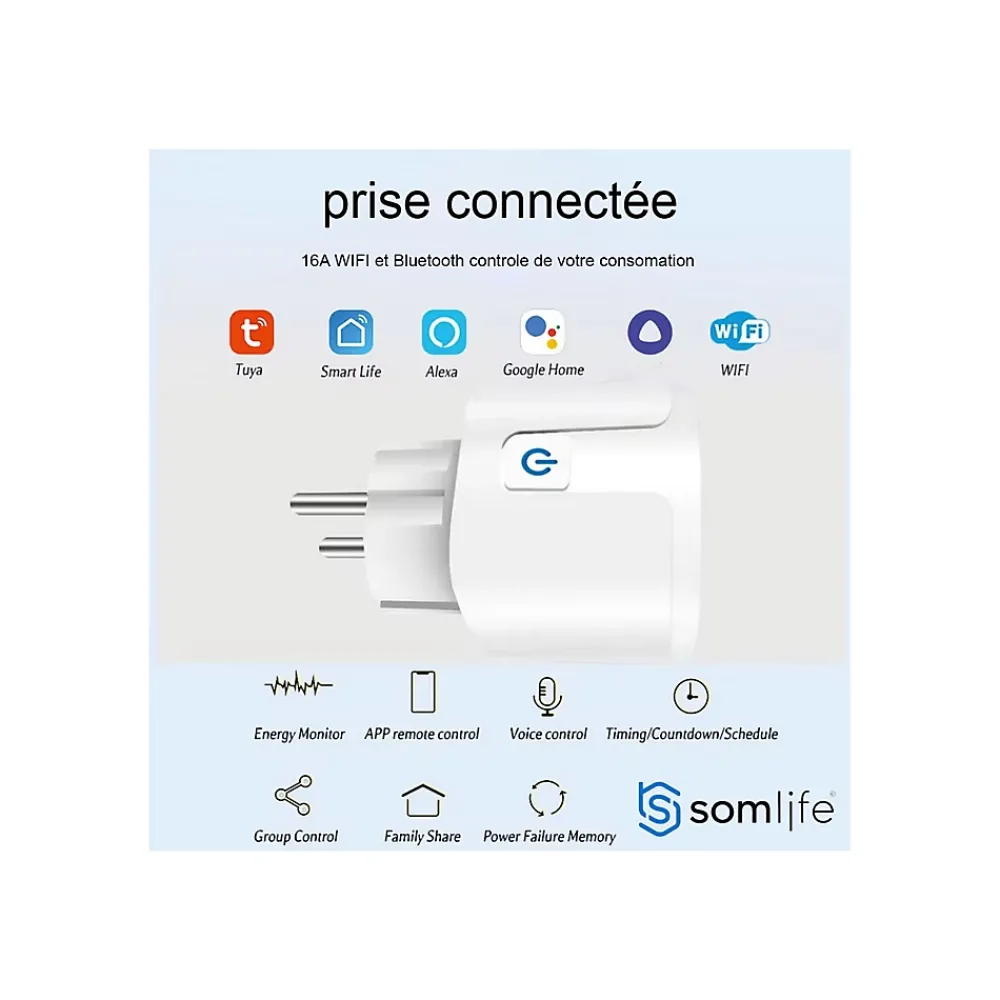 Somlife Commande De L'Éclairage-Lot 2 prises connectées application tuya smart life controle de consomation Compatible avec Alexa/Google Home