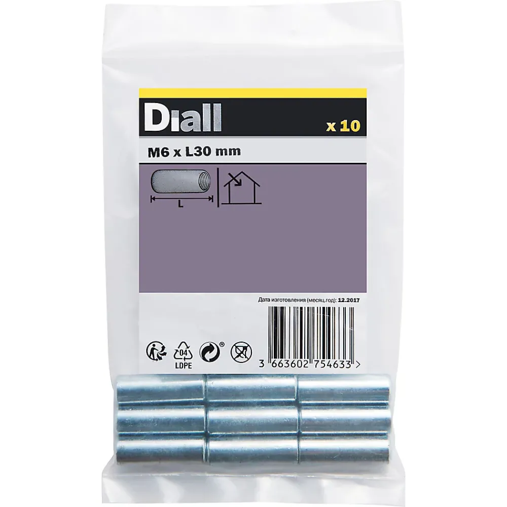 Diall Manchon Fileté-Manchon tête fraisée zingué ø 6 x 30 mm - 10 pièces