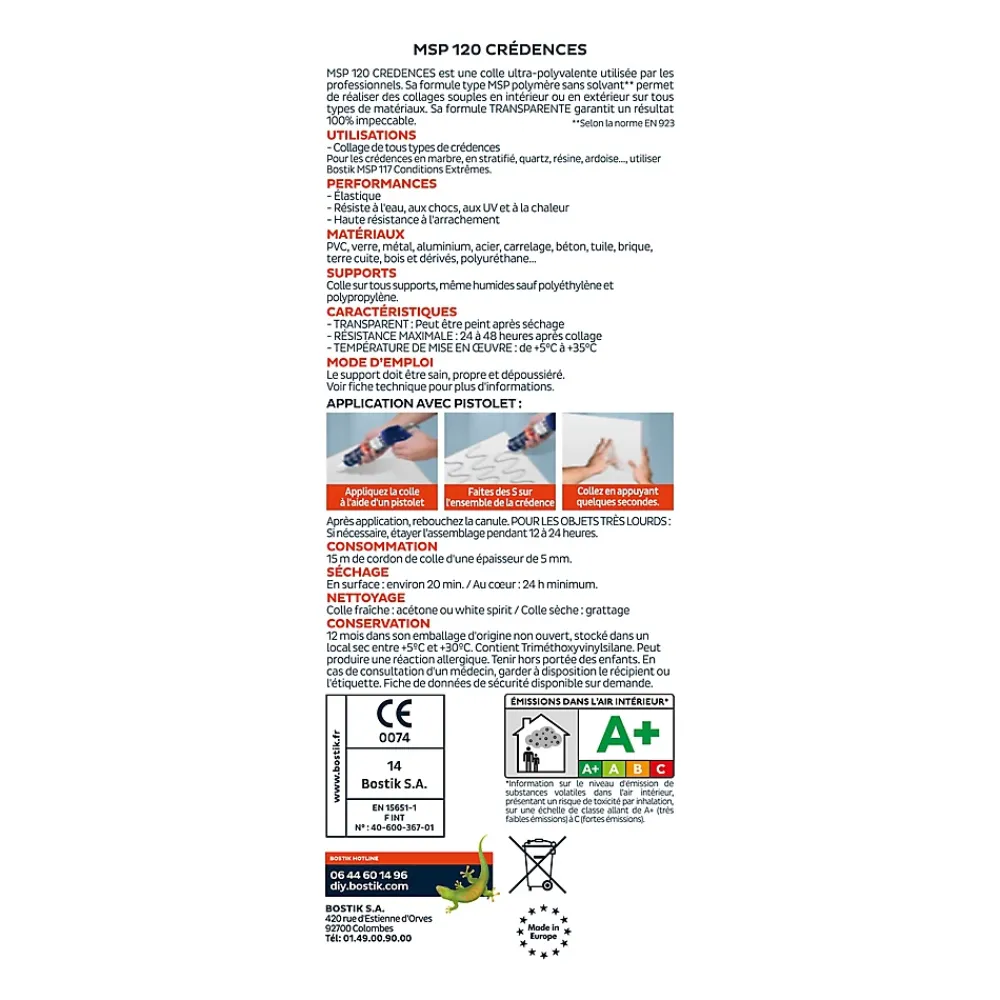 Bostik Mastic, Cartouche Joint Et Silicone-Mastic colle crédence MSP120 90 ml