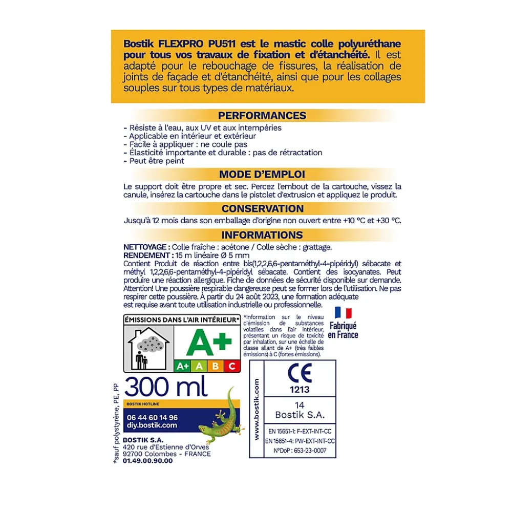 Bostik Mastic, Cartouche Joint Et Silicone-Mastic colle haute performance Flexpro pu 511, 300 ml gris