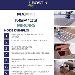 Bostik Mastic, Cartouche Joint Et Silicone-Mastic colle miroirs 290 ml coloris blanc