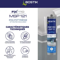 Bostik Mastic, Cartouche Joint Et Silicone-Mastic colle spécial polystyrène et moulures blanc Fixpro MSP 121, cartouche de 290 ml