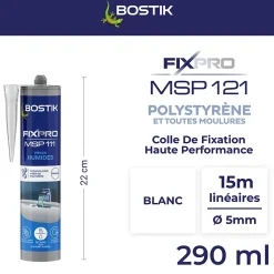 Bostik Mastic, Cartouche Joint Et Silicone-Mastic colle spécial polystyrène et moulures blanc Fixpro MSP 121, cartouche de 290 ml