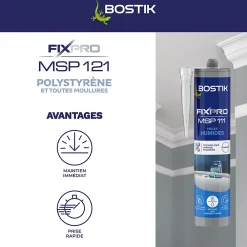 Bostik Mastic, Cartouche Joint Et Silicone-Mastic colle spécial polystyrène et moulures blanc Fixpro MSP 121, cartouche de 290 ml