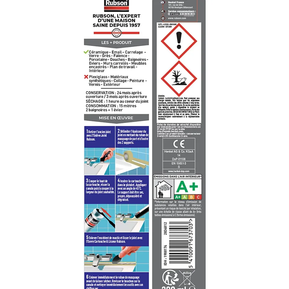 Rubson Mastic, Cartouche Joint Et Silicone-Mastic Bain&Cuisine Séchage Rapide blanc cartouche 280ml