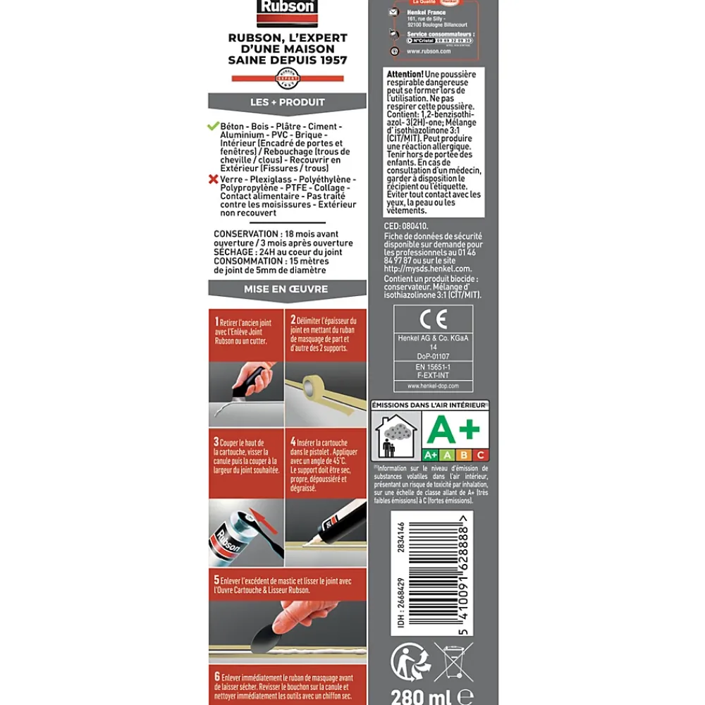 Rubson Mastic, Cartouche Joint Et Silicone-Mastic Maison Acrylique Murs-Fenêtres blanc cartouche 280ml vendu par 3 pièces