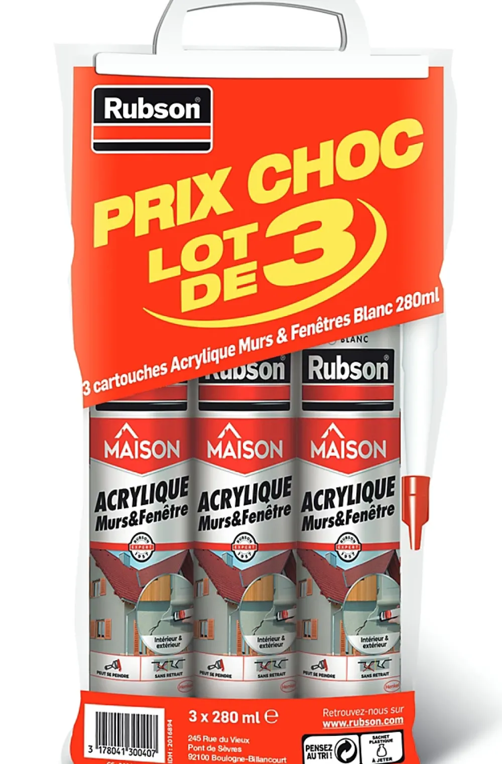 Rubson Mastic, Cartouche Joint Et Silicone-Mastic Maison Acrylique Murs-Fenêtres blanc cartouche 280ml vendu par 3 pièces
