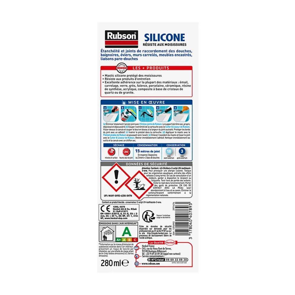 Rubson Mastic, Cartouche Joint Et Silicone-Mastic Sanitaire Salle de bains Saine Mastic blanc cartouche 280ml vendu par 2