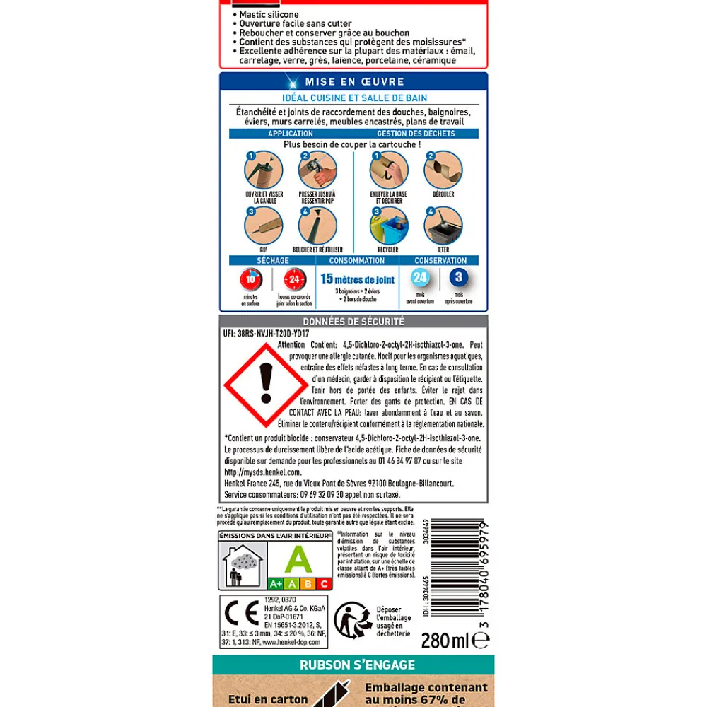 Rubson Mastic, Cartouche Joint Et Silicone-Mastic Sanitaire Salle de bains Saine Mastic blanc cartouche 280ml