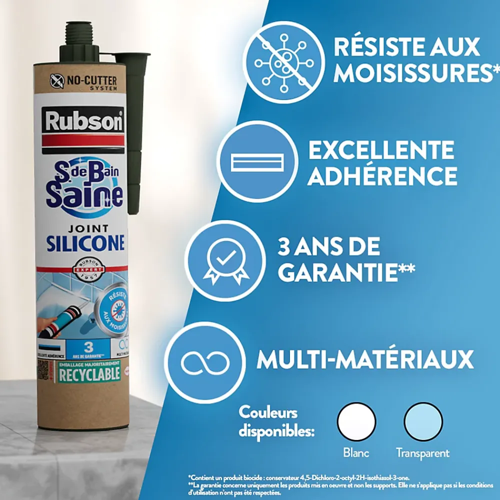 Rubson Mastic, Cartouche Joint Et Silicone-Mastic Sanitaire Salle de bains Saine Mastic blanc cartouche 280ml