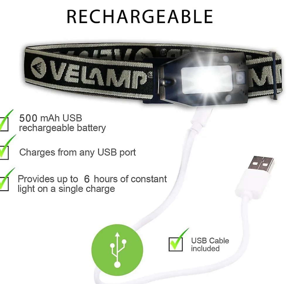 Velamp METROS: lampe frontale rechargeable, 150 lm. Interrupteur sans contact