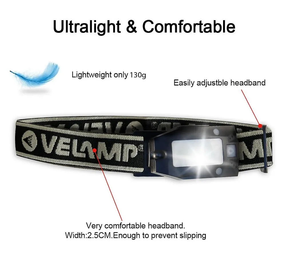 Velamp METROS: lampe frontale rechargeable, 150 lm. Interrupteur sans contact